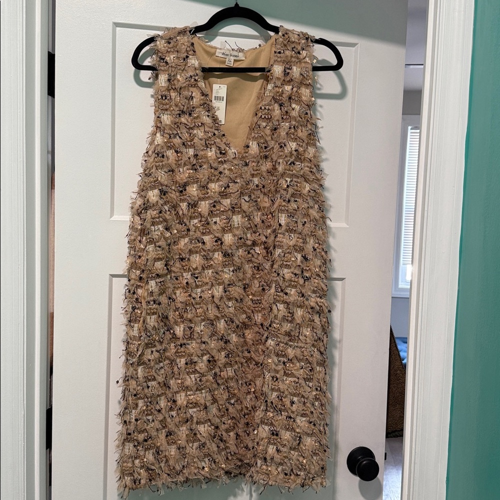 NWT Anthropolgie BLUE TASSEL SLEEVELESS V-NECK TEXTURED MINI DRESS, size XL - Picture 3 of 8